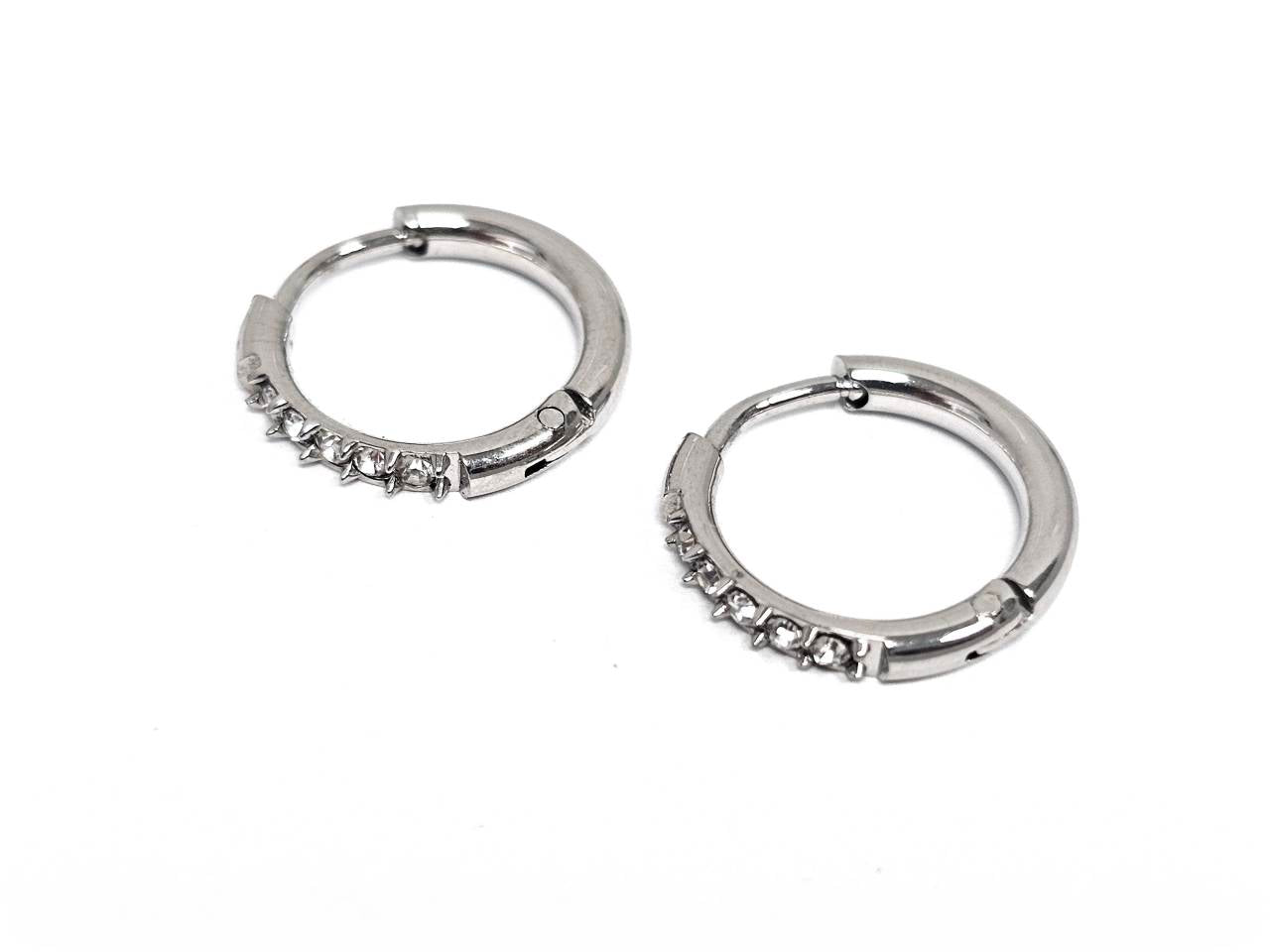 Σκουλαρίκια Ατσάλι Ατσάλι 316L, κρίκος με στρας σε χρώμα Ασημί