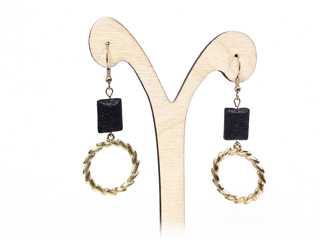 Σκουλαρίκια Πέτρα Ατσάλι 316L, με λάβα σε χρώμα Χρυσαφί