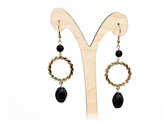 Σκουλαρίκια Πέτρα Ατσάλι 316L, με λάβα σε χρώμα Χρυσαφί