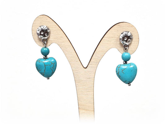 Σκουλαρίκια Πέτρα Ατσάλι 316L, καρδιά με τυρκουάζ σε χρώμα Ασημί