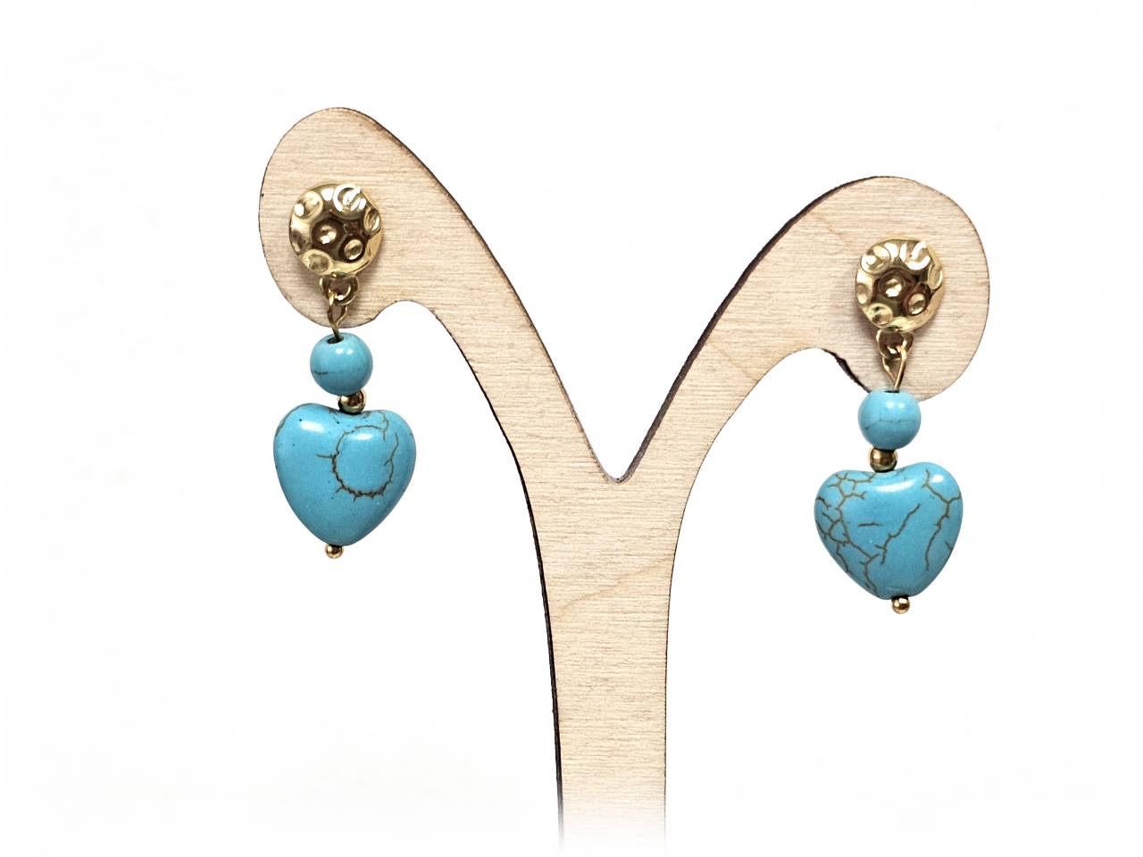 Σκουλαρίκια Πέτρα Ατσάλι 316L, καρδιά με τυρκουάζ σε χρώμα Χρυσαφί