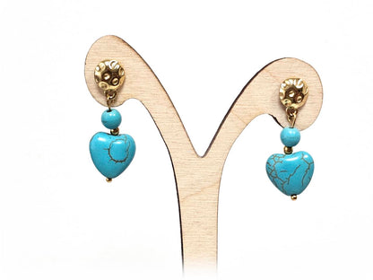 Σκουλαρίκια Πέτρα Ατσάλι 316L, καρδιά με τυρκουάζ σε χρώμα Χρυσαφί