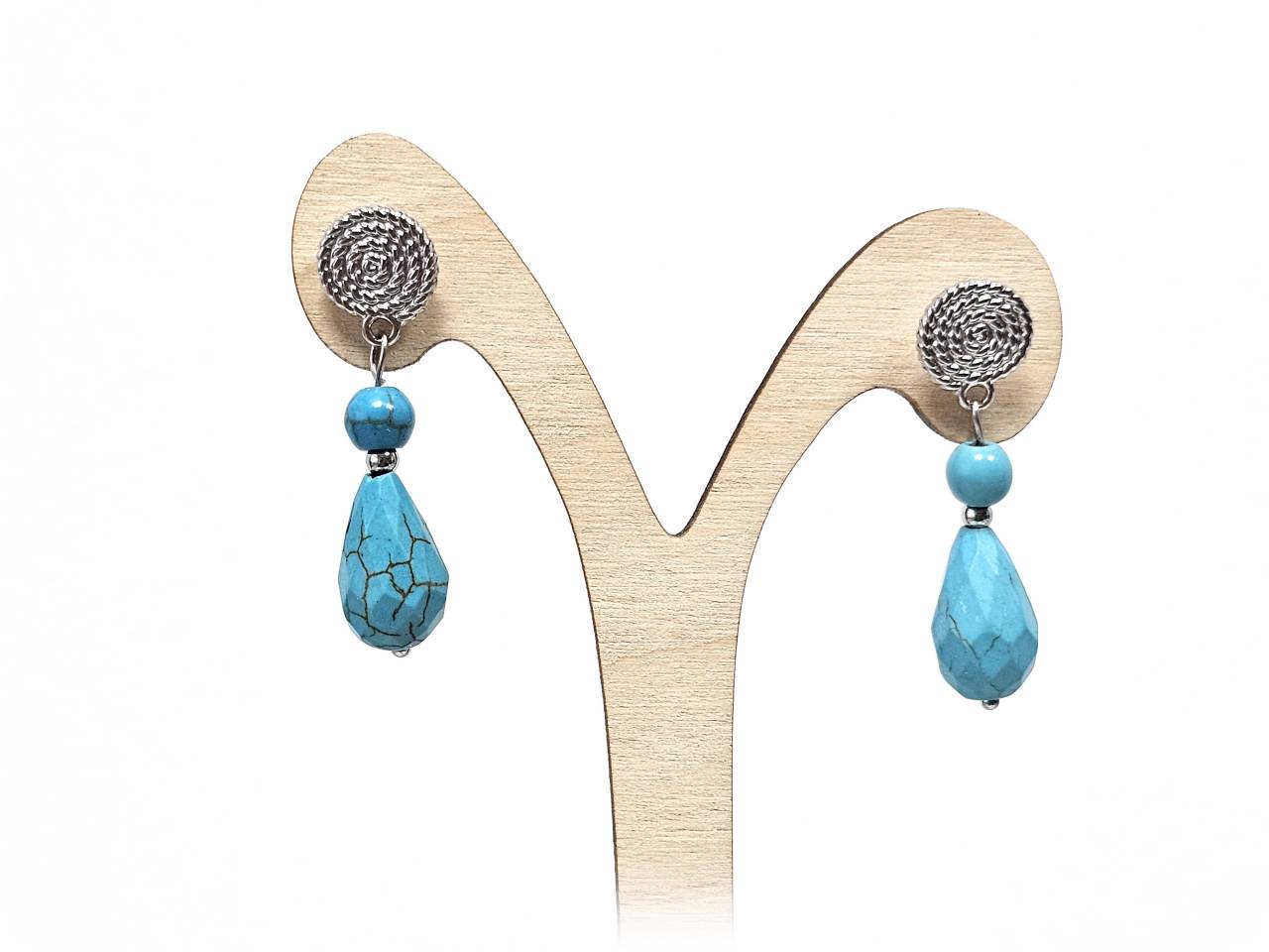 Σκουλαρίκια Πέτρα Ατσάλι 316L, σπείρα με τυρκουάζ σε χρώμα Ασημί