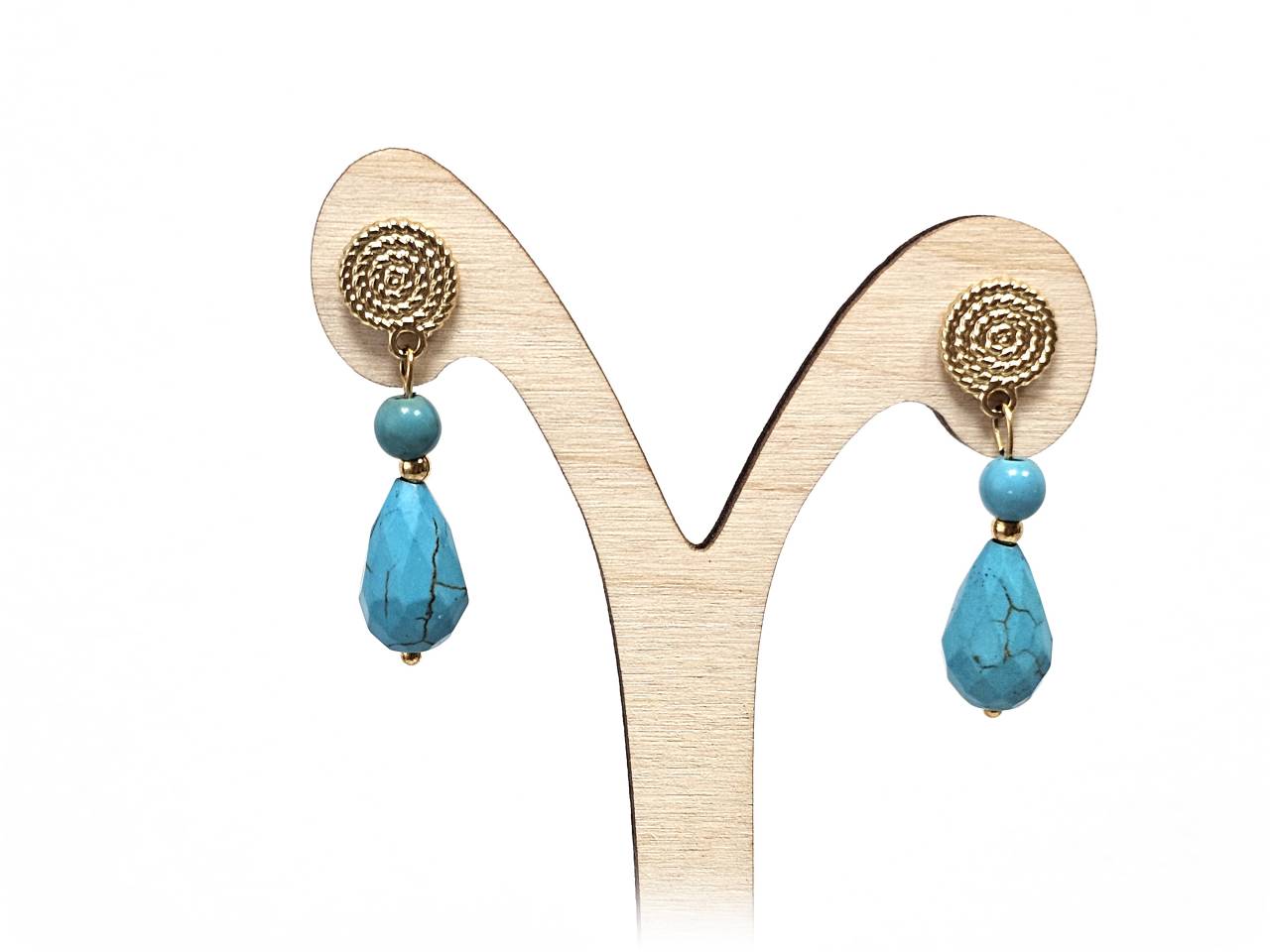 Σκουλαρίκια Πέτρα Ατσάλι 316L, σπείρα με τυρκουάζ σε χρώμα Χρυσαφί