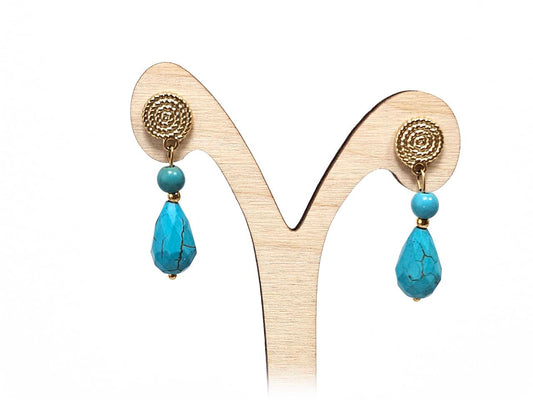 Σκουλαρίκια Πέτρα Ατσάλι 316L, σπείρα με τυρκουάζ σε χρώμα Χρυσαφί