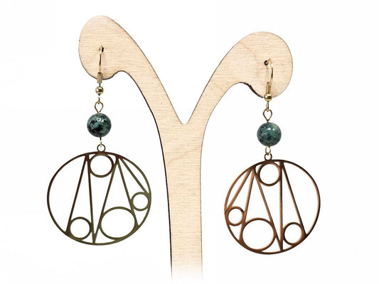 Σκουλαρίκια Πέτρα Ατσάλι 316L, με μαλαχίτης σε χρώμα Χρυσαφί