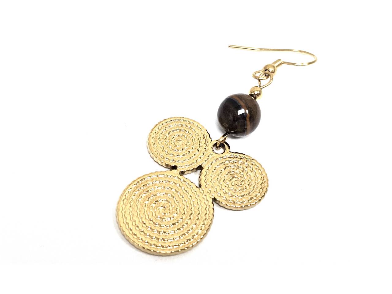 Σκουλαρίκια Πέτρα Ατσάλι 316L, σπείρα με  μάτι Τίγρης σε χρώμα Χρυσαφί