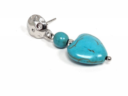 Σκουλαρίκια Πέτρα Ατσάλι 316L, καρδιά με τυρκουάζ σε χρώμα Ασημί