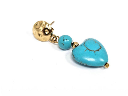 Σκουλαρίκια Πέτρα Ατσάλι 316L, καρδιά με τυρκουάζ σε χρώμα Χρυσαφί