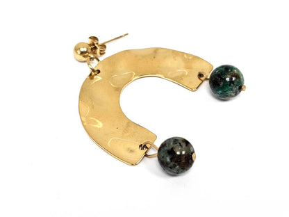 Σκουλαρίκια Πέτρα Ατσάλι 316L, με μαλαχίτης σε χρώμα Χρυσαφί