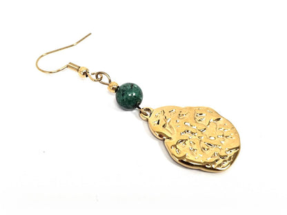 Σκουλαρίκια Πέτρα Ατσάλι 316L, με μαλαχίτης σε χρώμα Χρυσαφί