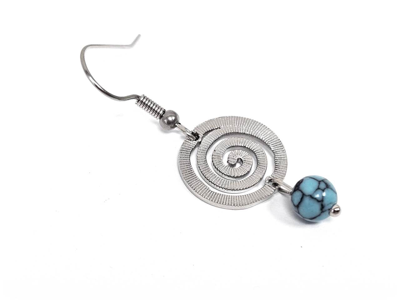 Σκουλαρίκια Πέτρα Ατσάλι 316L, σπείρα με τυρκουάζ σε χρώμα Ασημί