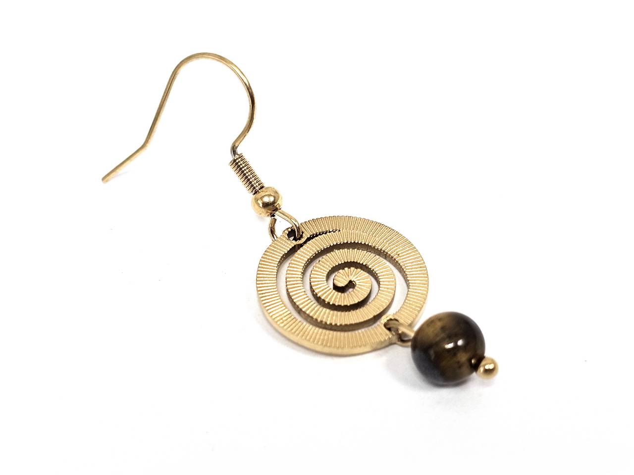 Σκουλαρίκια Πέτρα Ατσάλι 316L, σπείρα με μάτι τίγρης σε χρώμα Χρυσαφί