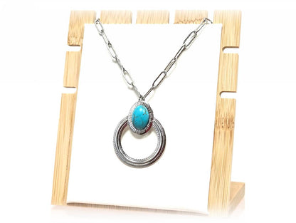 Κολιέ Πέτρα 316L, αλυσίδα με τυρκουάζ σε χρώμα Ασημί