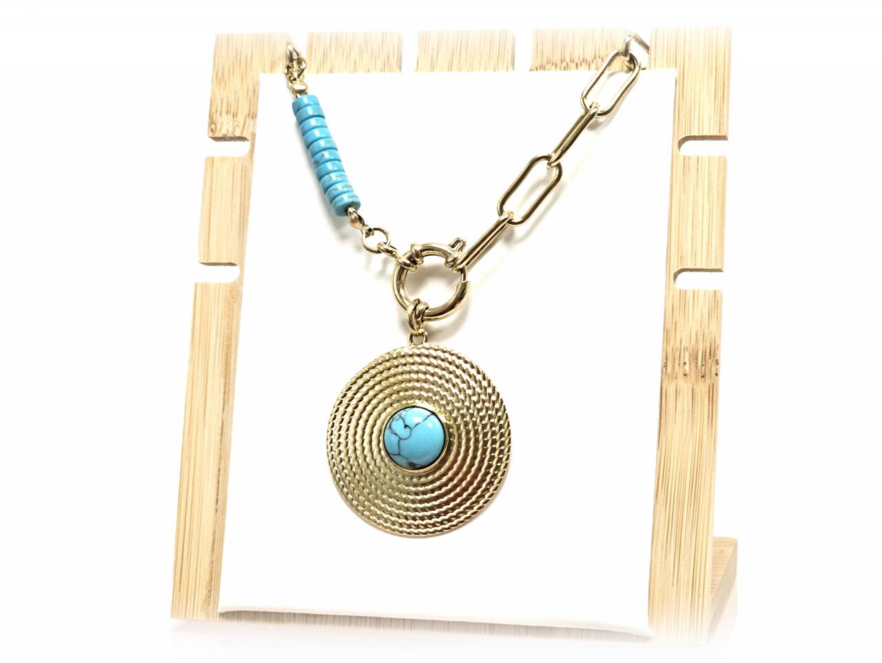 Κολιέ Πέτρα 316L, αλυσίδα με τυρκουάζ σε χρώμα Χρυσαφί