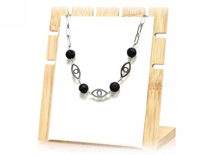 Κολιέ Πέτρα 316L, αλυσίδα με μάτι και λάβα σε χρώμα Ασημί