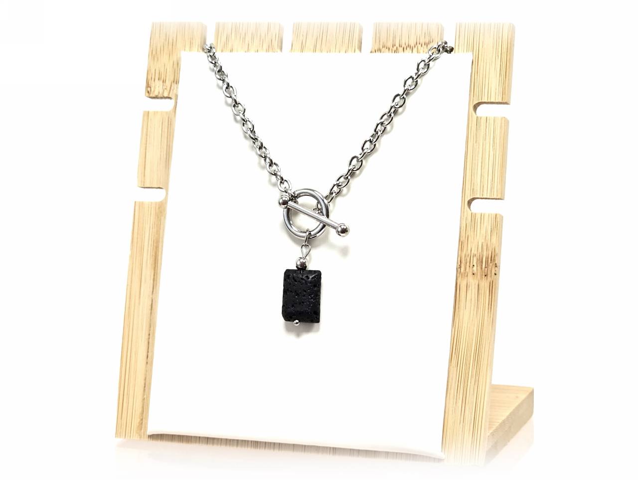 Κολιέ Πέτρα 316L, αλυσίδα με λάβα σε χρώμα Ασημί