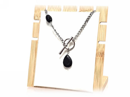 Κολιέ Πέτρα 316L, αλυσίδα με λάβα σε χρώμα Ασημί