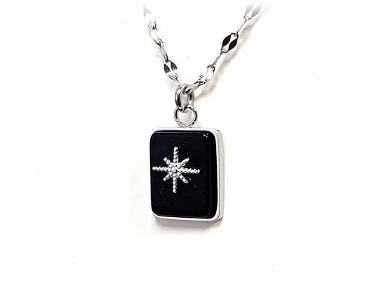 Κολιέ Πέτρα 316L, αλυσίδα με αχάτη σε χρώμα Ασημί