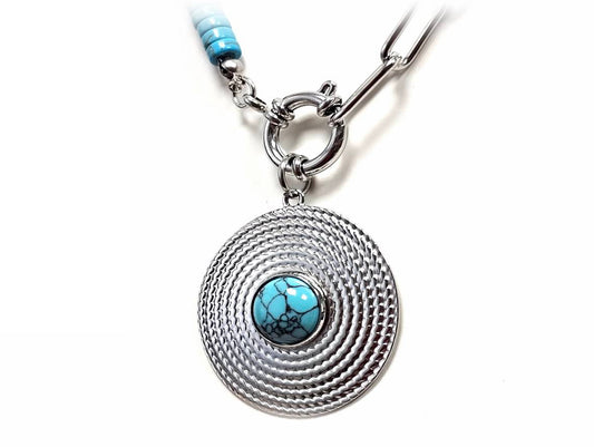 Κολιέ Πέτρα 316L, αλυσίδα με τυρκουάζ σε χρώμα Ασημί