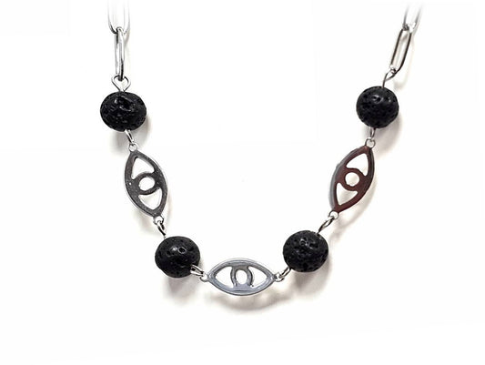 Κολιέ Πέτρα 316L, αλυσίδα με μάτι και λάβα σε χρώμα Ασημί