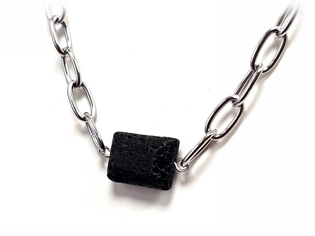 Κολιέ Πέτρα 316L, αλυσίδα με λάβα σε χρώμα Ασημί