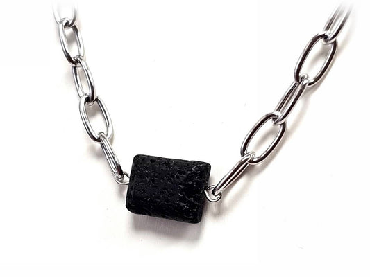 Κολιέ Πέτρα 316L, αλυσίδα με λάβα σε χρώμα Ασημί