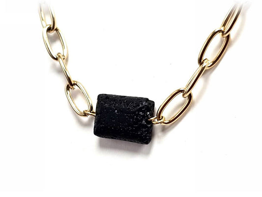 Κολιέ Πέτρα 316L, αλυσίδα με λάβα σε χρώμα Χρυσαφί