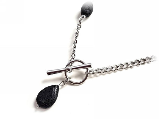 Κολιέ Πέτρα 316L, αλυσίδα με λάβα σε χρώμα Ασημί