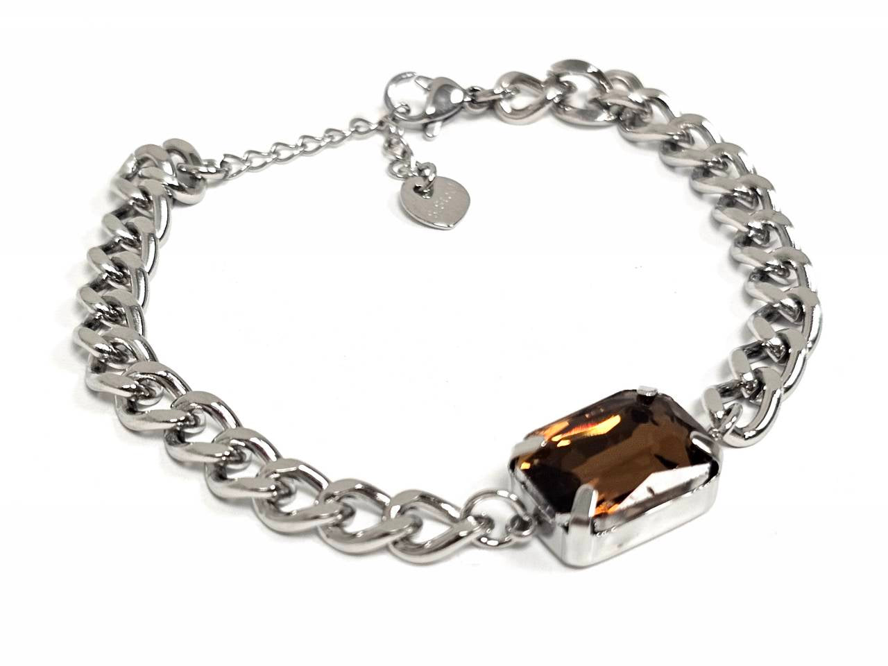 Βραχιόλι Ατσάλι 316L, αλυσίδα με καφέ κρυσταλλάκι σε χρώμα Ασημί