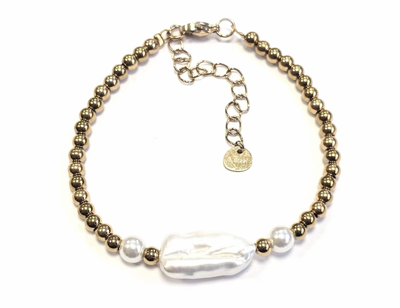 Βραχιόλι Ατσάλι 316L, αλυσίδα με μαργαριτάρι σε χρώμα Χρυσαφί
