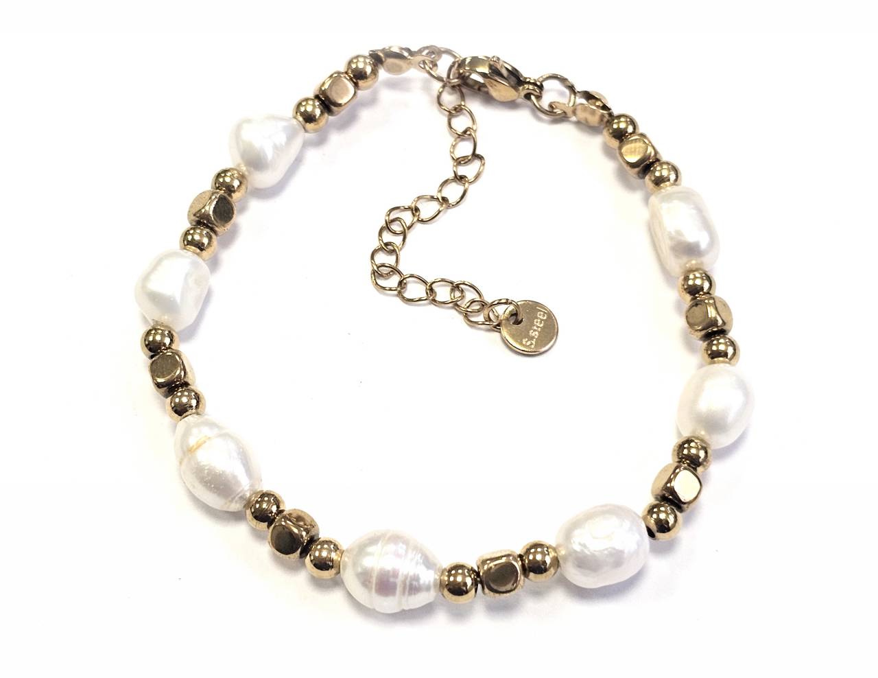 Βραχιόλι Ατσάλι 316L, αλυσίδα με μαργαριτάρι σε χρώμα Χρυσαφί