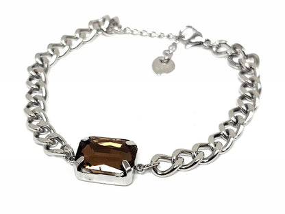 Βραχιόλι Ατσάλι 316L, αλυσίδα με καφέ κρυσταλλάκι σε χρώμα Ασημί
