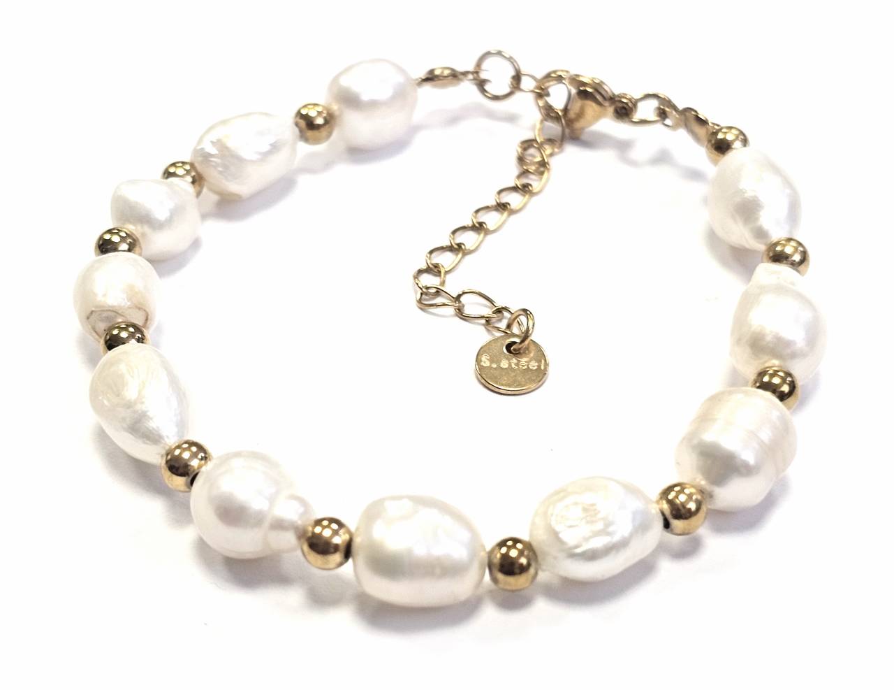 Βραχιόλι Ατσάλι 316L, αλυσίδα με μαργαριτάρι σε χρώμα Χρυσαφί