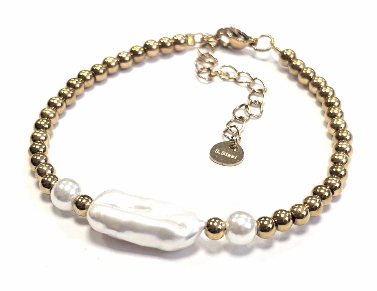 Βραχιόλι Ατσάλι 316L, αλυσίδα με μαργαριτάρι σε χρώμα Χρυσαφί