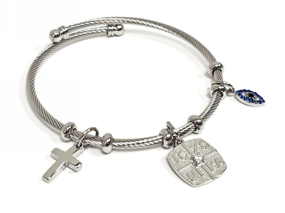 Βραχιόλι Ατσάλι 316L, με σταυρό , μαρτυρικό , μάτι και στρας σε χρώμα Ασημί