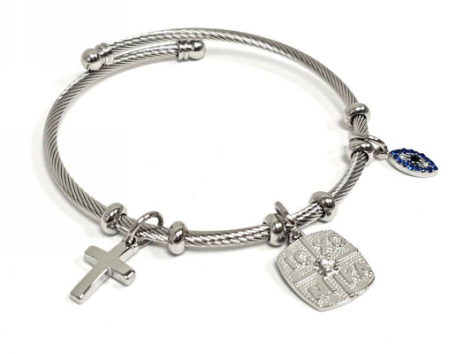 Βραχιόλι Ατσάλι 316L, με σταυρό , μαρτυρικό , μάτι και στρας σε χρώμα Ασημί