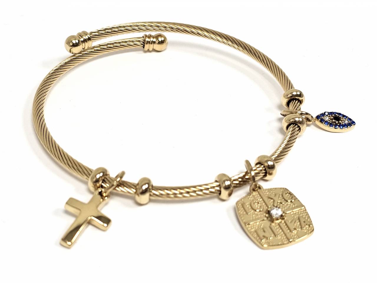 Βραχιόλι Ατσάλι 316L, με σταυρό , μαρτυρικό , μάτι και στρας σε χρώμα Χρυσαφί