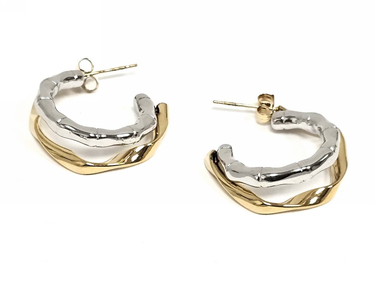 Σκουλαρίκια Ατσάλι 316L, διπλός κρίκος σε χρώμα Ασημί και χρώμα Χρυσαφί