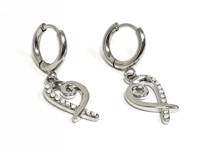 Σκουλαρίκια Ατσάλι 316L, κρίκος με καρδιά και στρας σε χρώμα Ασημί