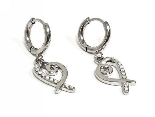 Σκουλαρίκια Ατσάλι 316L, κρίκος με καρδιά και στρας σε χρώμα Ασημί