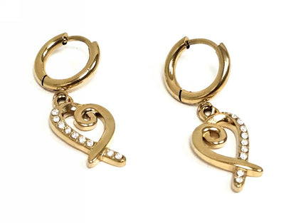 Σκουλαρίκια Ατσάλι 316L, κρίκος με καρδιά και στρας σε χρώμα Χρυσαφί