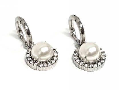 Σκουλαρίκια Ατσάλι 316L, κρίκος με πέρλα και στρας σε χρώμα Ασημί