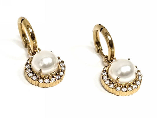 Σκουλαρίκια Ατσάλι 316L, κρίκος με πέρλα και στρας σε χρώμα Χρυσαφί