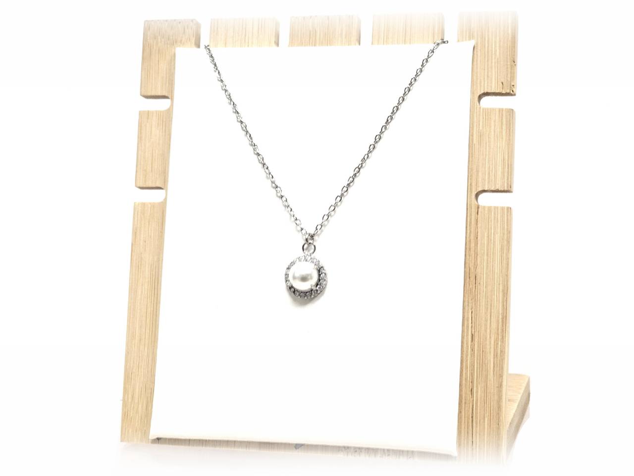 Κολιέ Ατσάλι 316L, αλυσίδα με πέρλα και στρας σε χρώμα Ασημί