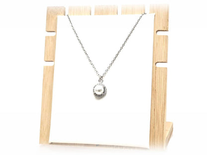 Κολιέ Ατσάλι 316L, αλυσίδα με πέρλα και στρας σε χρώμα Ασημί