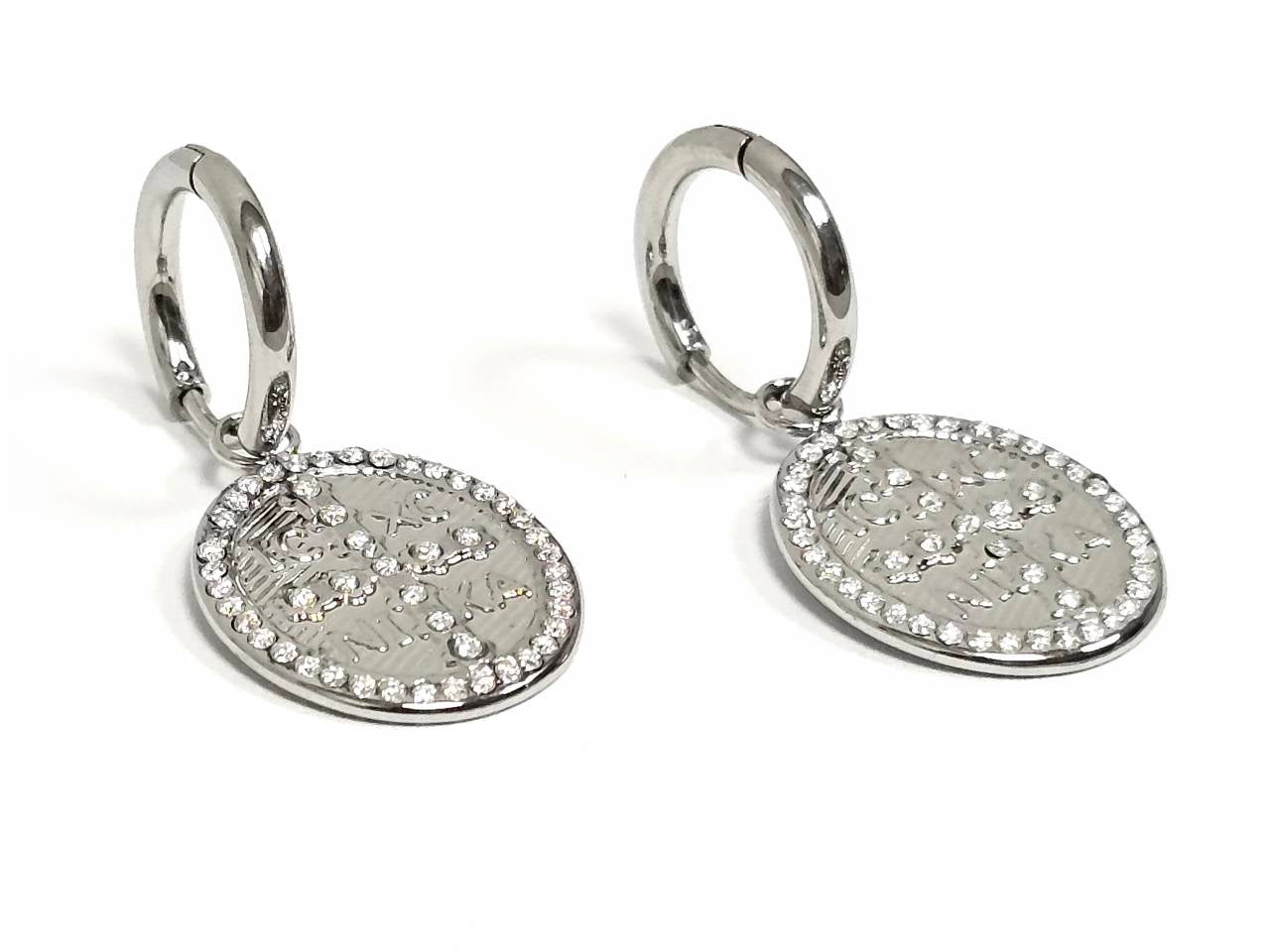 Σκουλαρίκια Ατσάλι 316L, κρίκος με σταυρό και στρας σε χρώμα Ασημί