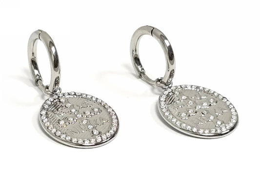 Σκουλαρίκια Ατσάλι 316L, κρίκος με σταυρό και στρας σε χρώμα Ασημί