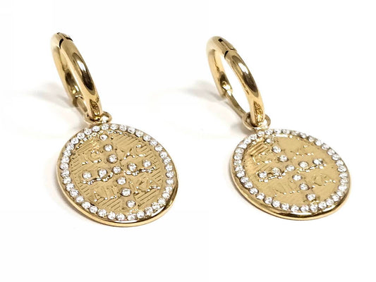 Σκουλαρίκια Ατσάλι 316L, κρίκος με σταυρό και στρας σε χρώμα Χρυσαφί