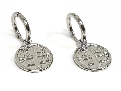 Σκουλαρίκια Ατσάλι 316L, κρίκος με σταυρό και στρας σε χρώμα Ασημί